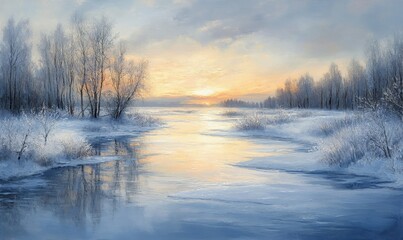 serene depiction of a frozen river bordered by frosted trees, its icy surface reflecting the pale blue hues of a winter sky, Generative AI