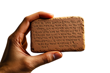 Hand holding a clay tablet with engraved ancient-style inscriptions on a white background. Historical artifact concept. Ai generative