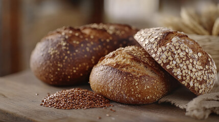 Fototapeta premium Freshly baked whole grain breads with crunchy crust and topped with oats, showcasing rustic appeal. Perfect for healthy meals and snacks