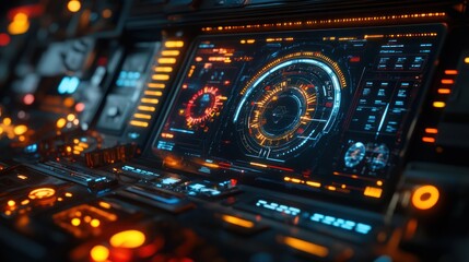 Obraz premium Futuristic spaceship control panel display, navigation, dark interior, glowing interface, sci-fi film