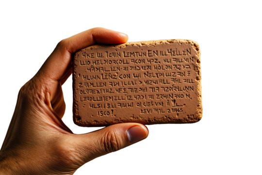 Hand holding a clay tablet with engraved ancient-style inscriptions on a white background. Historical artifact concept. Ai generative
