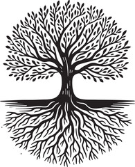 simple Hand drawn tree with roots flat vector illustration linocut
