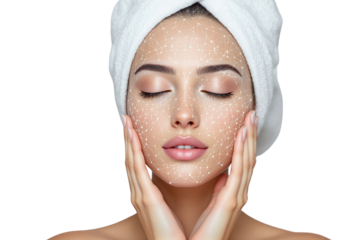 Woman with digital facial recognition grid, eyes closed, touching face. Isolated on white background. Concept of skincare and technology. Ai generative