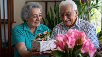 An Elderly Couple's Gift: Capturing the heartwarming moment of an elderly couple exchanging gifts, enveloped in a scene of tender care and enduring love. 