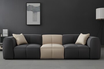 Minimalist living room, gray and black, graphite sofa, beige notes.