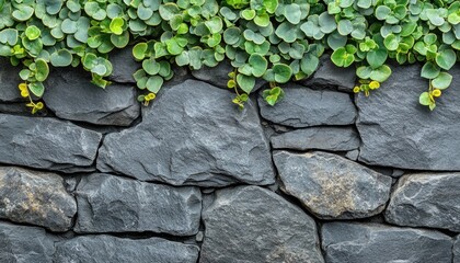 Dark grey stone wall with vibrant green foliage. Ideal for backgrounds, nature themes, or architectural designs.