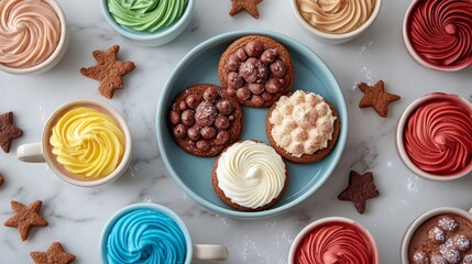 flat-lay of freshly baked gingerbread cookies, colorful icing, and mugs of steaming hot cocoa arranged beautifully, Generative AI