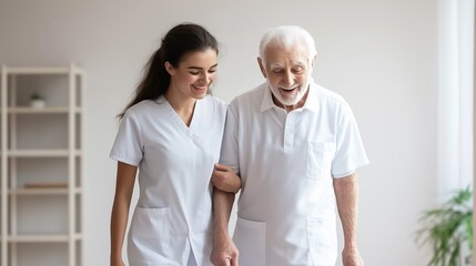 Elderly Care: A compassionate caregiver assists an elderly man in walking, offering support and a sense of security as they stroll indoors. Demonstrating the bond of care