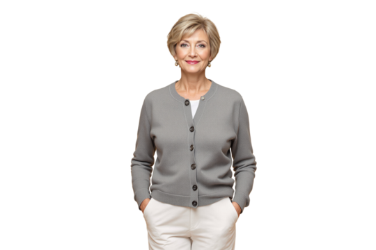 Elegant senior woman in gray cardigan and white pants, standing with hands in pockets on a white background. Confident and stylish concept. Ai generative
