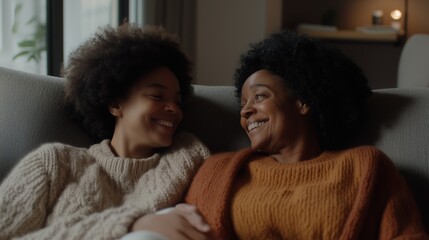 Obraz premium Warmth of Connection: Two friends, bathed in soft light, share a moment of laughter and intimacy on a cozy couch, encapsulating the essence of friendship and shared joy.