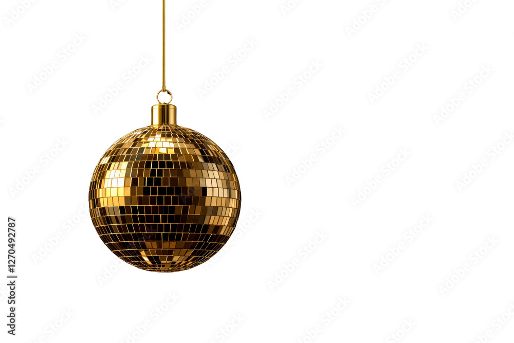 Poster shiny golden disco ball ornament hanging on a string, isolated on a white background. festive and de