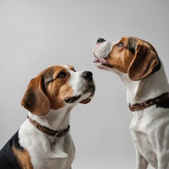 Two Beagles howling in unison on a white background.