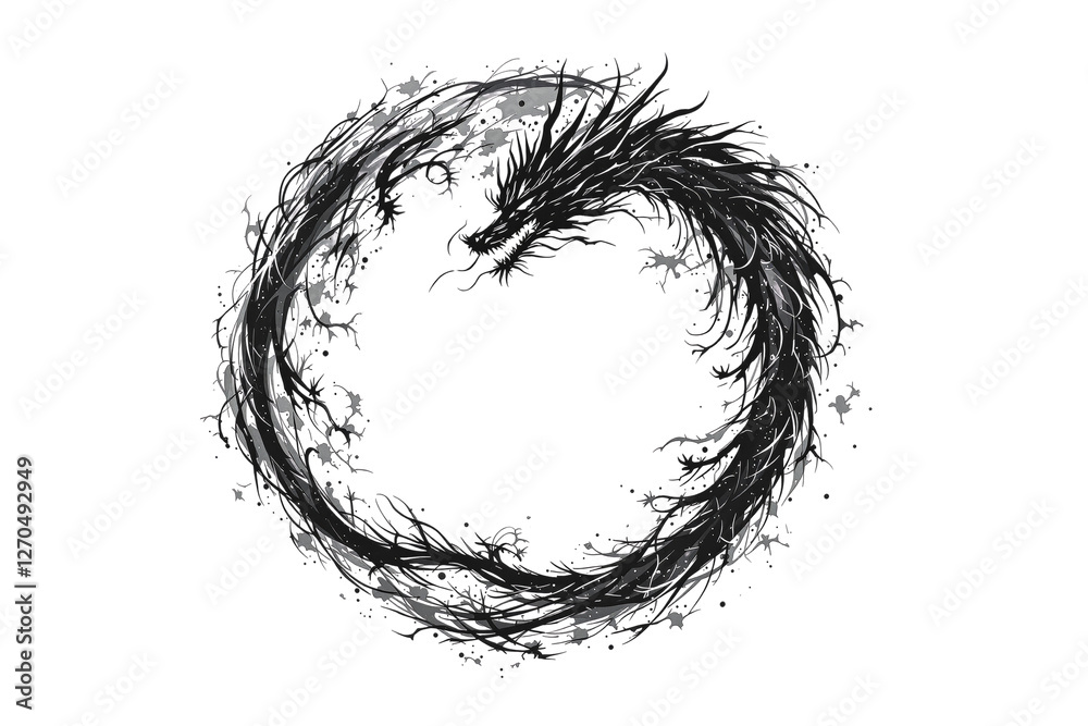 Poster abstract black dragon in a circular form with ink splatter, isolated on white background, symbolizin