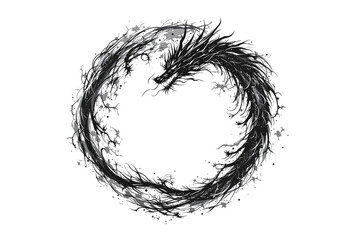 Abstract black dragon in a circular form with ink splatter, isolated on white background, symbolizing power and mysticism. Ai generative