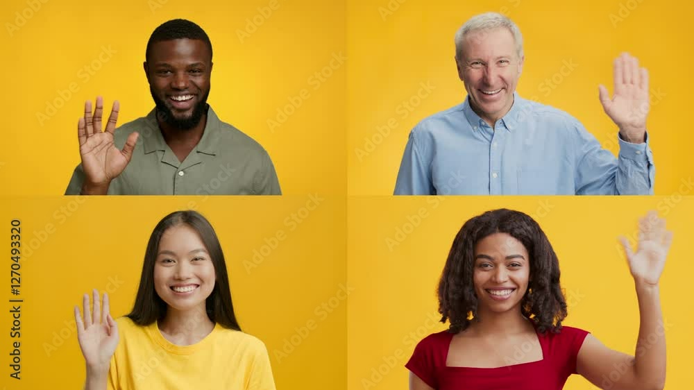 Poster a collection of four individuals from various backgrounds wave hello against a vibrant yellow backgr