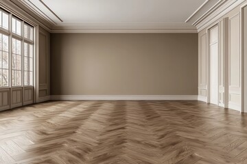 Obraz premium Mocha colored large room, beige walls, natural wood floor, interior mockup.