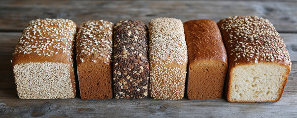 Healthy whole grain bread assortment arranged on wooden table, showcasing various textures and colors. This selection highlights diversity of nutritious bread options
