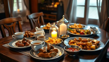 Ramadan feast with various dishes and candles