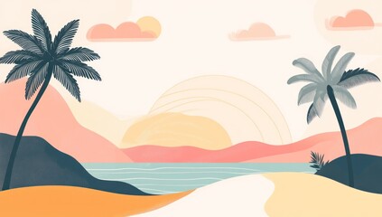 Obraz premium Tropical beach sunset illustration, calm ocean, palm trees, pastel mountains, website banner