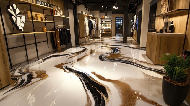 A luxury boutique with epoxy floor designs mimicking marble, combining elegance and durability in its layout