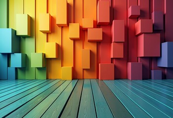 Abstract Geometric Rainbow Cubes: Vibrant 3D Wooden Square Blocks on Textured Wall - Modern Background Banner for Creative Projects, Colorful Illustration Panorama for Website Headers and Graphic Desi