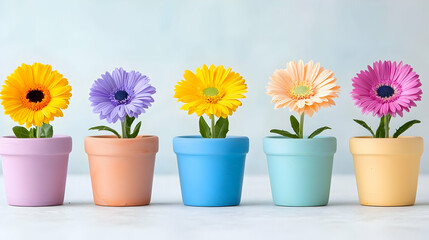 Colorful gerbera daisies in pastel pots on light background, spring decoration