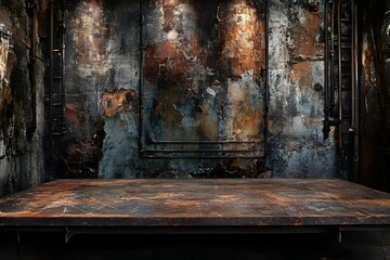 Rustic metal platform, grunge wall, dark room, product display