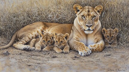 Obraz premium A Mother Lioness Relaxing with Her Three Adorable Cuddly Lion Cubs in the Savanna