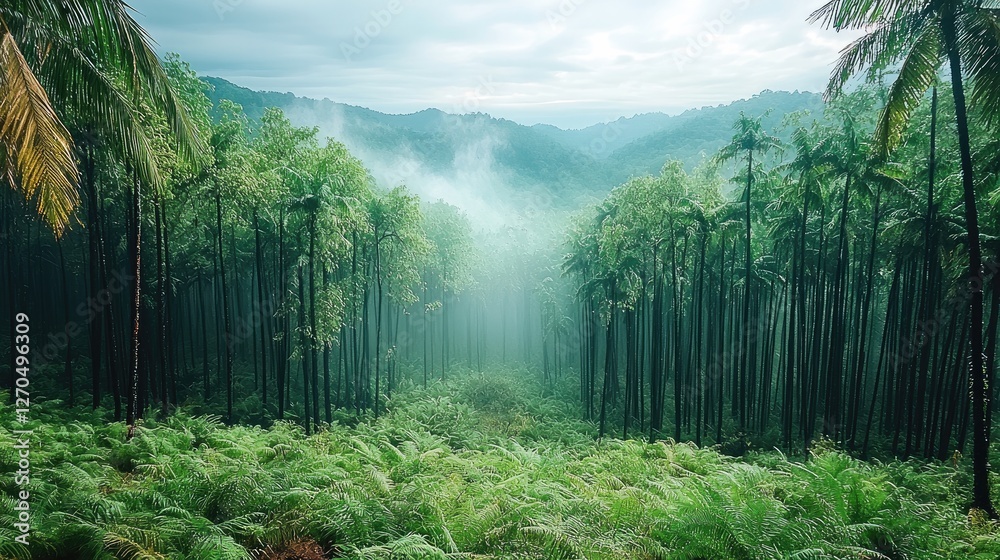Poster green lush forest with rain lightly coming down creating a mist in the air.