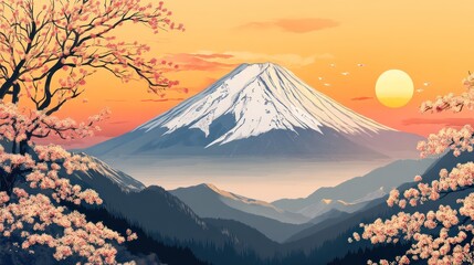 Fototapeta premium a majestic sunrise over Mount Fuji, golden light illuminating its snow-capped peak, serene and iconic