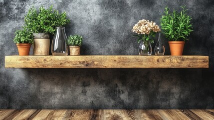 Rustic wooden shelf holds potted plants and flowers. Ideal for home decor, interior design, and lifestyle blogs.