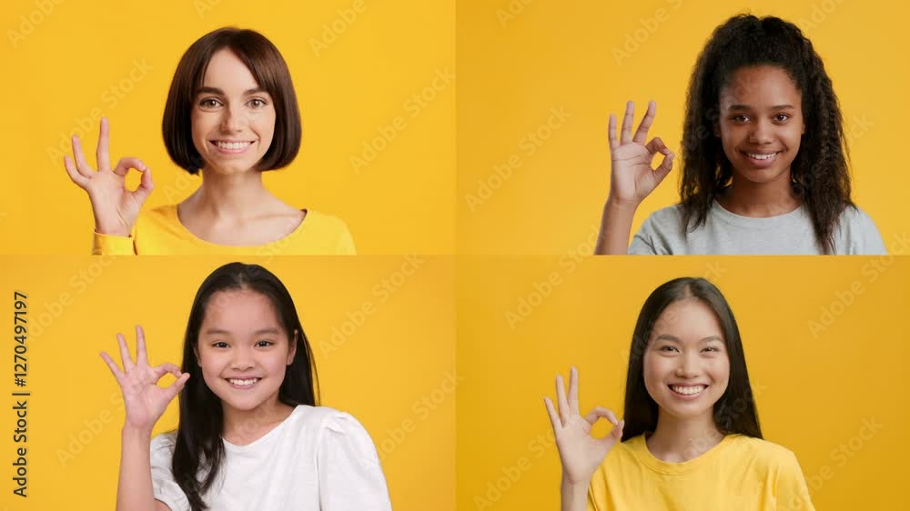 Poster Four women of different backgrounds display the okay gesture, showcasing diversity and joy. They are dressed in bright colors, emphasizing a vibrant lifestyle in a cheerful setting.