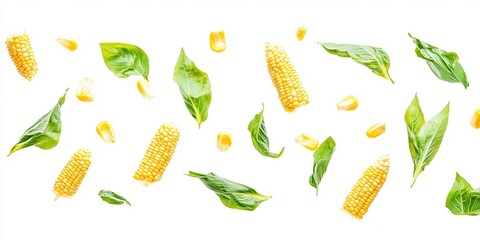 Three fresh corn cobs floating against a white background with a clipping path. 