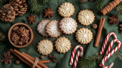 flat-lay of holiday cookies, powdered sugar, candy canes, and cinnamon sticks, arranged creatively on a festive green cloth, Generative AI
