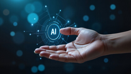 Hand Holding AI Icon with Network Background
