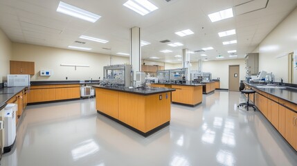 Modern lab facility interior, equipment, research, cleanroom, workspace, bright lighting, pharmaceutical testing, scientific analysis