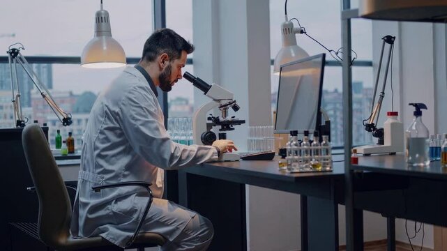 Cient&iacute;fico masculino trabajando con microscopio en un laboratorio moderno. Cient&iacute;fico con bata blanca observando a trav&eacute;s de un microscopio en una mesa de laboratorio con equipos cient&iacute;ficos y frascos