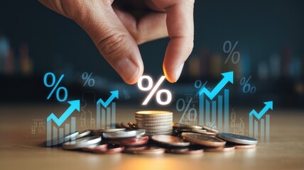 Hand placing percentage sign atop stack of coins graph up