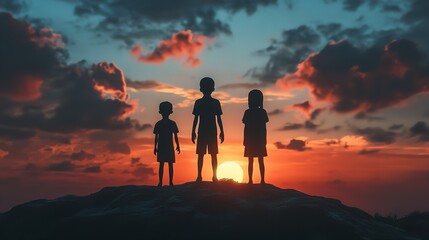 Fototapeta premium Children Silhouetted Against a Sunset in a Grassy Field