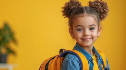 Happy Little Girl with Backpack Ready for School Against Yellow Background