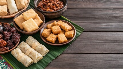 Assorted Traditional Snacks on Wooden Table with Green Leaf Background
