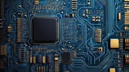 Fototapeta premium A futuristic digital background featuring an abstract AI-inspired circuit board design. Glowing lines, intricate patterns, and high-tech elements create a visually striking and modern technology-theme