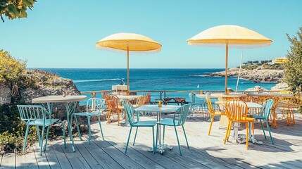 Coastal Cafe Serenity: Seaside Dining with Vibrant Umbrellas