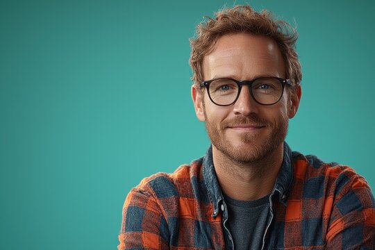 Confident and Friendly Man with Glasses Smiling Against Teal Background