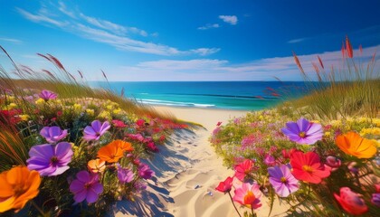 Farbenfrohe D&uuml;nenblumen am Sandstrand &ndash; Malerische Sommerlandschaft mit Blick auf das ruhige Meer und den blauen Himmel