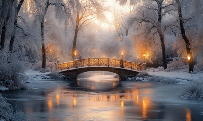 serene depiction of a snow-dusted bridge leading to a quiet winter village with glowing lanterns lining the pathway, Generative AI
