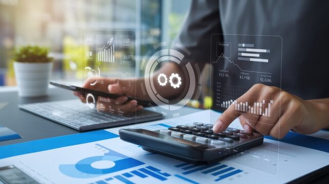 Person analyzes financial data using calculator phone and digital interfaces