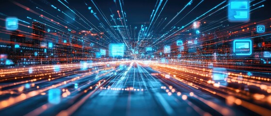 Dynamic cybernetic city with layered holographic projections and neon-lit grid patterns, tailored for virtual reality simulations, tech product launches, and sci-fi book cover designs.