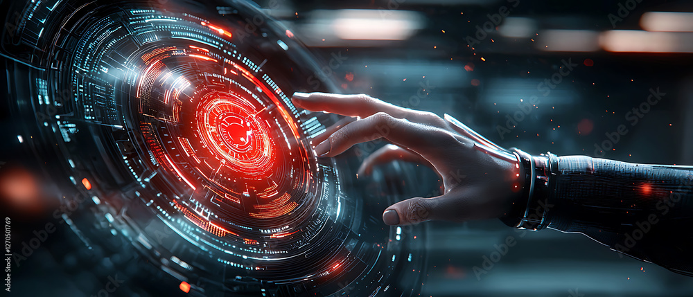 Poster futuristic interface interaction sci-fi lab digital art high-tech environment close-up view human-ma