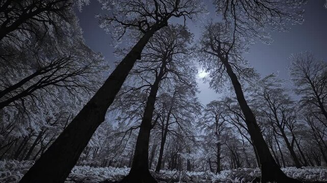 Eerie night forest video with a low-angle view, capturing tall, leafless trees under a moonlit sky, creating a mysterious, haunting atmosphere.